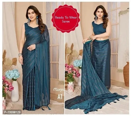 Affordable georgette saree for ladies in dark blue with ready to wear design and subtle striped pattern