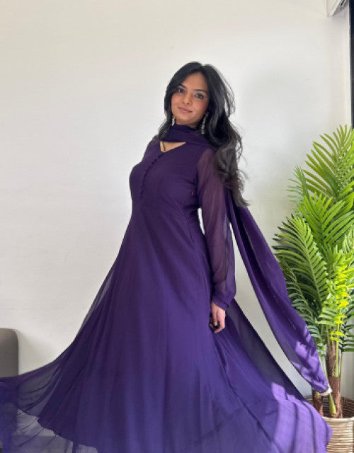 affordable party wear kurti India in purple chiffon with sheer sleeves and flowing dupatta