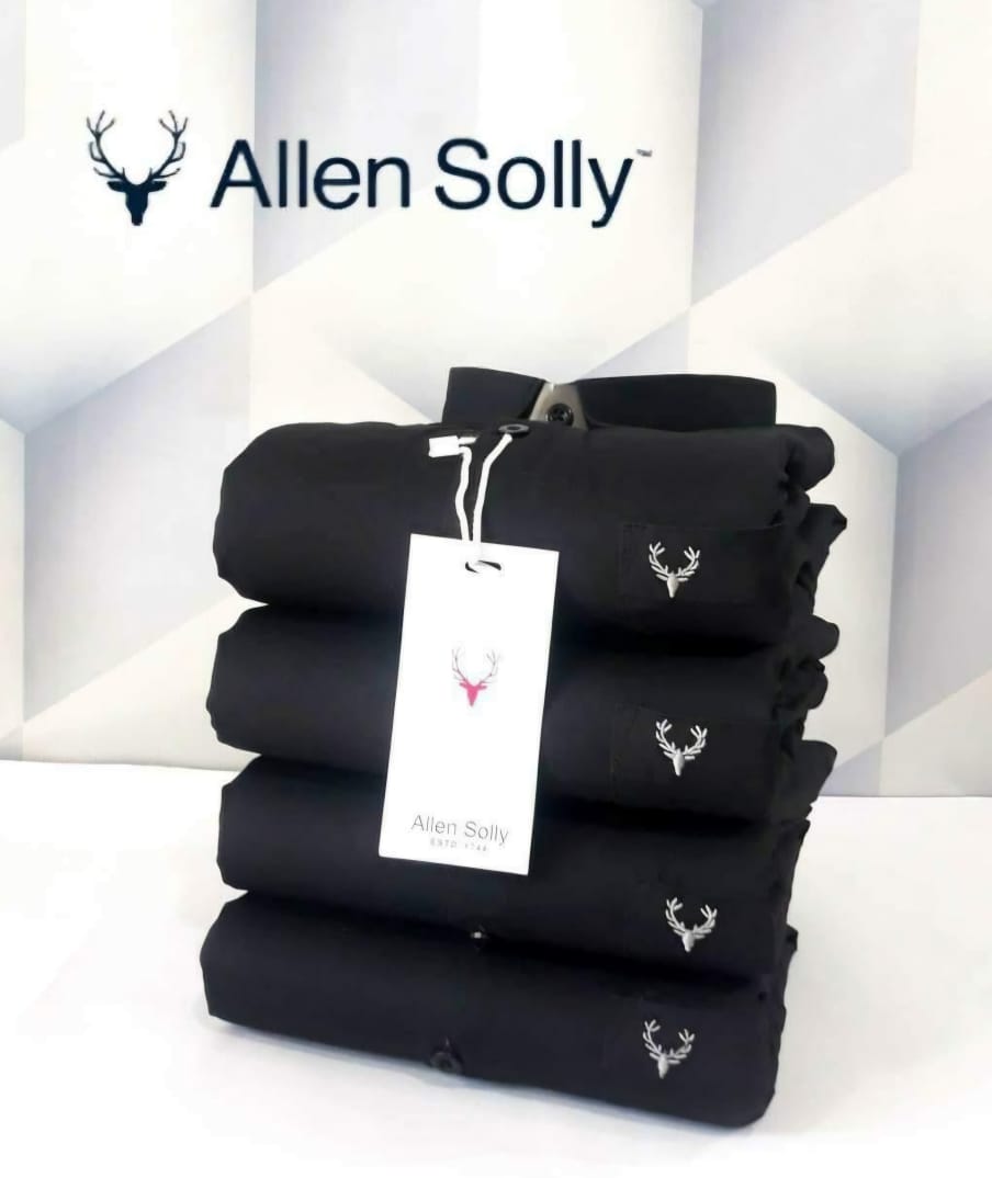 Stack of black Allen Solly premium quality men's shirts with white logo and tag