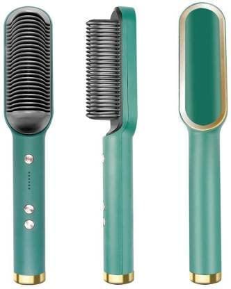 Green best electric hair comb India with black bristles and gold accents shown from three angles