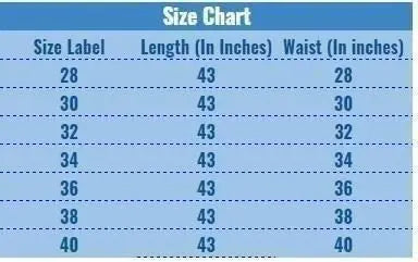 Size chart for QuickGadgets black lycra formal pants for men showing waist and length measurements