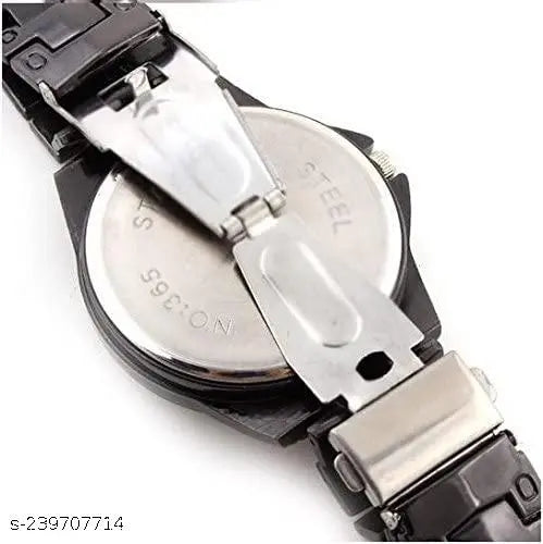 Close-up of black metal strap watch for men showing the clasp and stainless steel back case