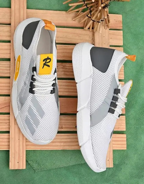 QuickGadgets sports sneakers for men in white gray with yellow accents and breathable mesh design