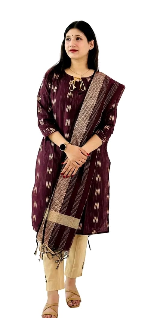 Woman wearing maroon casual kurta pant dupatta set with beige pants and sandals