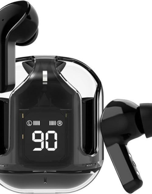 Black crystal wireless earbuds with digital battery display and sleek charging case by Dropdash