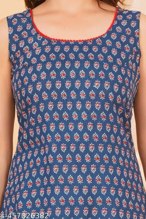 Blue sleeveless womens kurti with red and white floral print for daily wear kurti online