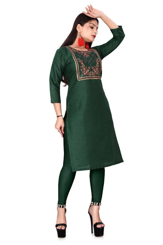 Elegant green designer kurti for ladies India with floral embroidery worn with matching leggings
