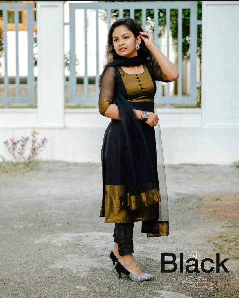 Black and gold designer kurti pant sets for women with sheer sleeves and matching dupatta by Quick Gadgets