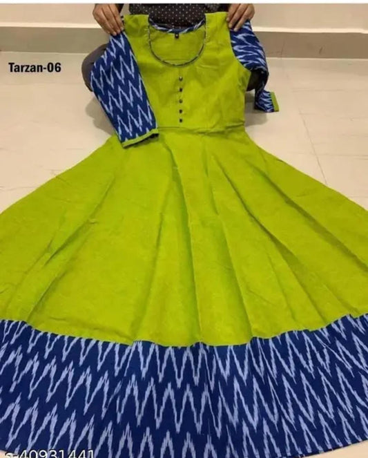 Designer party wear gown for women in green with blue patterned sleeves and hemline