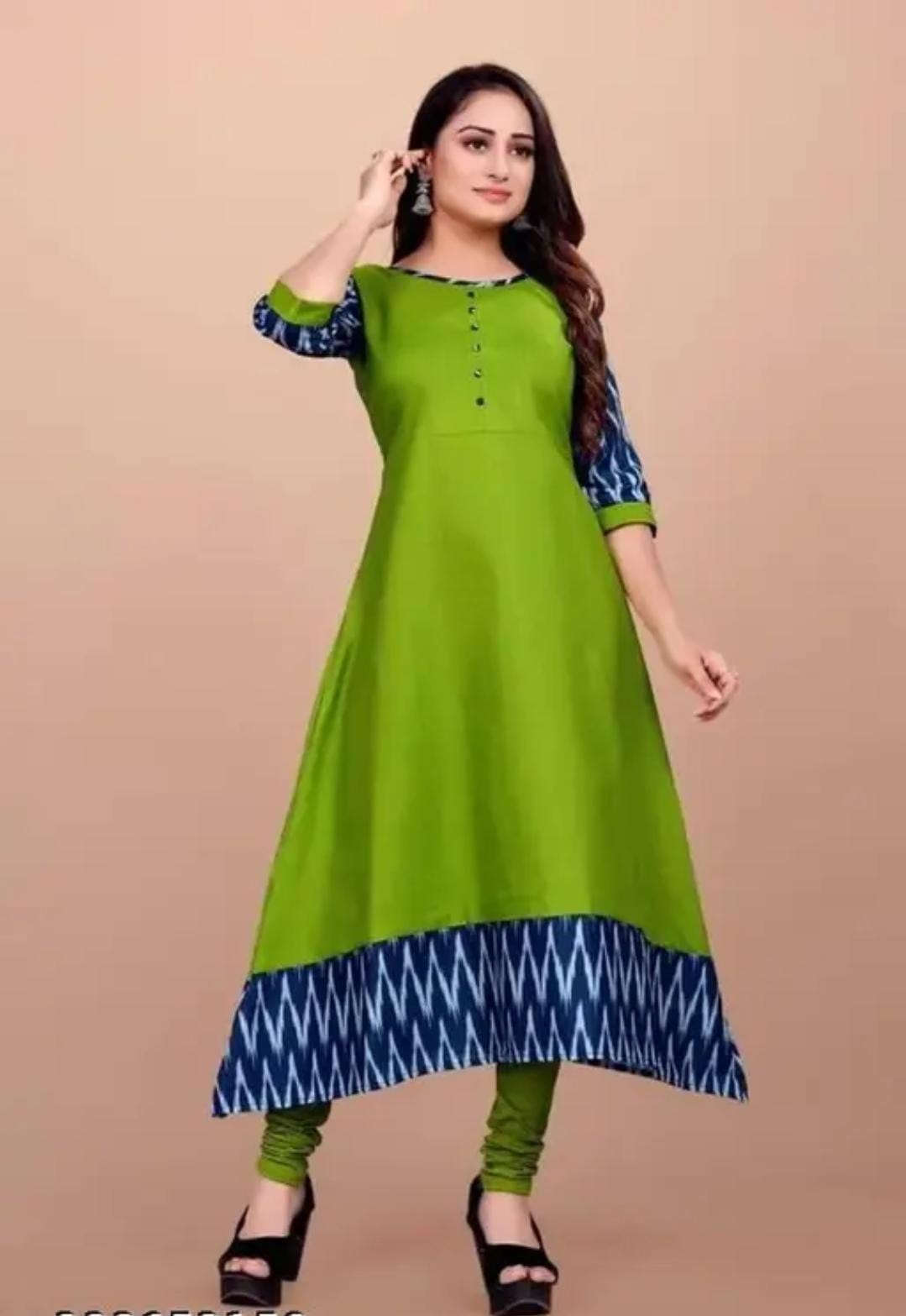Green and blue designer party wear gown for women with three-quarter sleeves and patterned hem