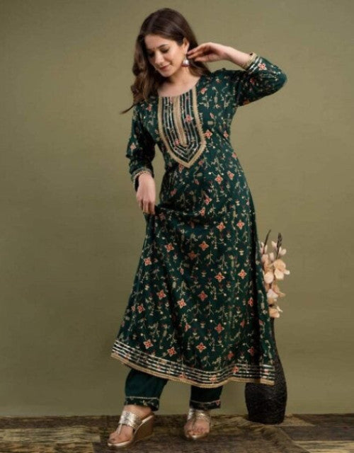 Dropdash women floral print Anarkali kurta set dark green embroidered yoke and hem with matching pants