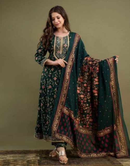 Dropdash women floral print Anarkali kurta set in deep green with gold embroidery and matching dupatta