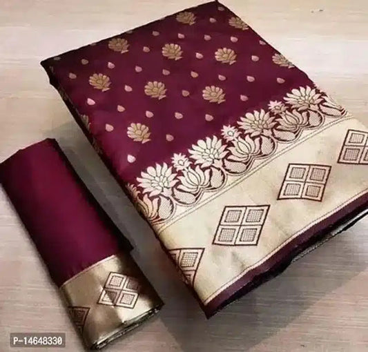 Maroon womens jacquard printed saree online with gold floral and geometric border design