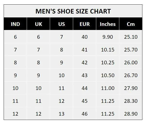 Men's shoe size chart showing Indian, UK, US, EUR sizes with inches and centimeters for men's black boots