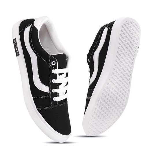 Men's casual black and white shoes with white laces and rubber sole for everyday wear