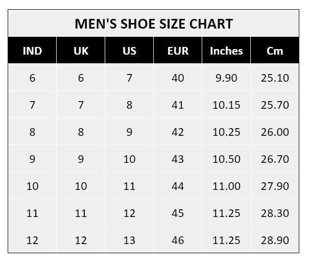 Men's shoe size chart showing IND, UK, US, EUR sizes with inches and cm for men's casual fashion shoes