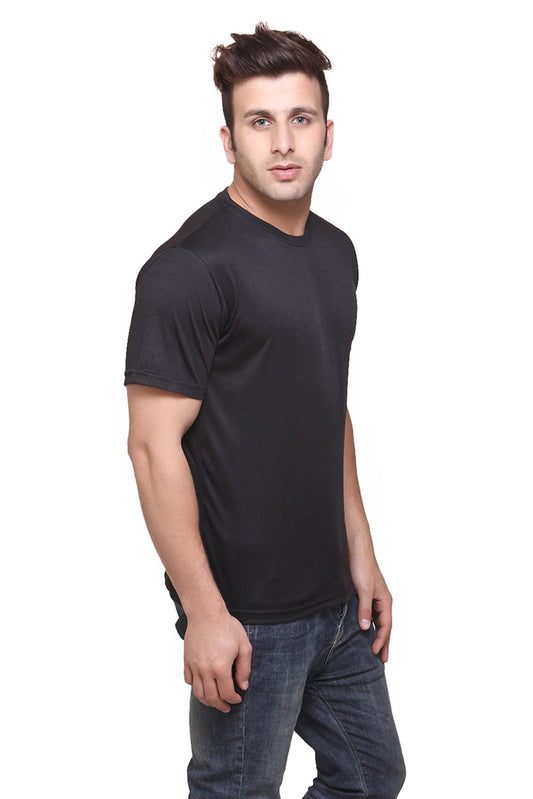 Black men's polyester blend dri fit t shirts worn by male model with short sleeves and crew neck