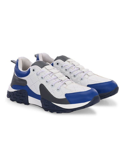 Men's premium quality casual shoes in white, blue, and black with durable soles and lace-up design