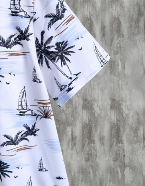 Dropdash men's printed casual shirt featuring tropical palm tree and sailboat design on white fabric