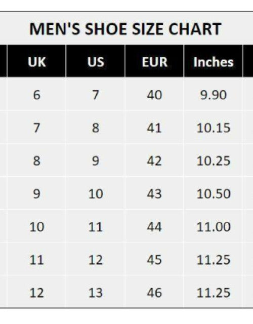 Men's shoe size chart displaying UK US EUR and inches measurement for affordable men's casual footwear India