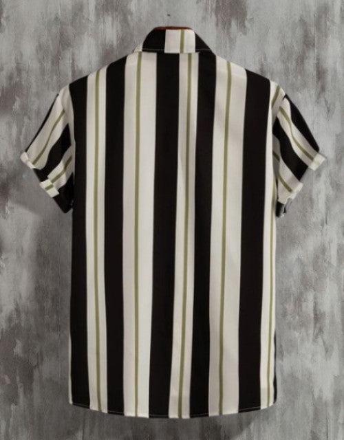 Dropdash men's striped casual shirt with black, white, and olive vertical stripes on short sleeves