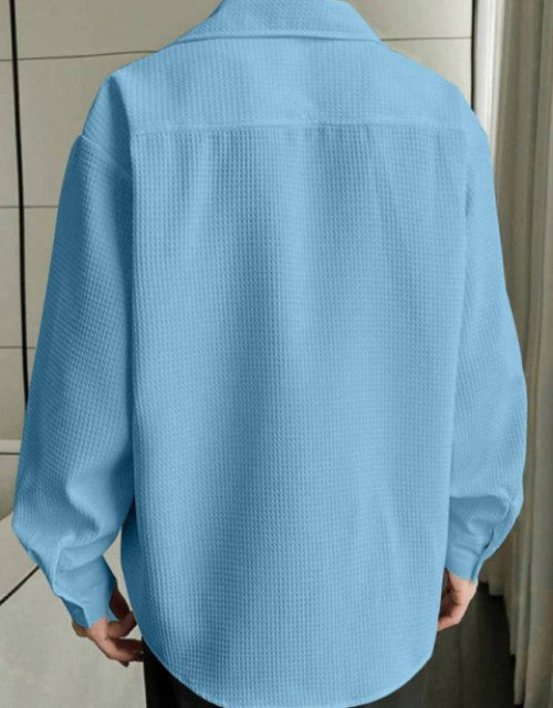 Dropdash light blue checkered shirt for men shown from back with textured fabric and relaxed fit