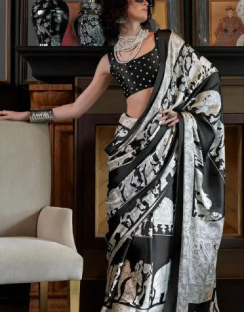 Dropdash new design silk saree online in black and white with traditional motifs and intricate patterns