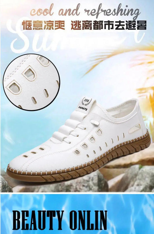 White premium men's fashion shoes with breathable cutouts and brown sole for casual wear