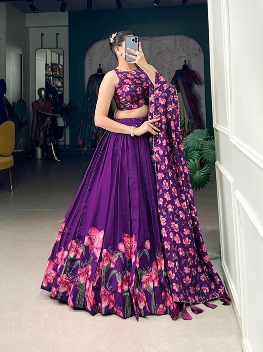Premium quality designer lehenga in purple with floral print skirt and matching floral choli set for women