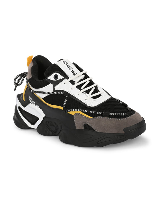 Black and gray premium quality men's shoes with white laces and yellow accents in a modern design
