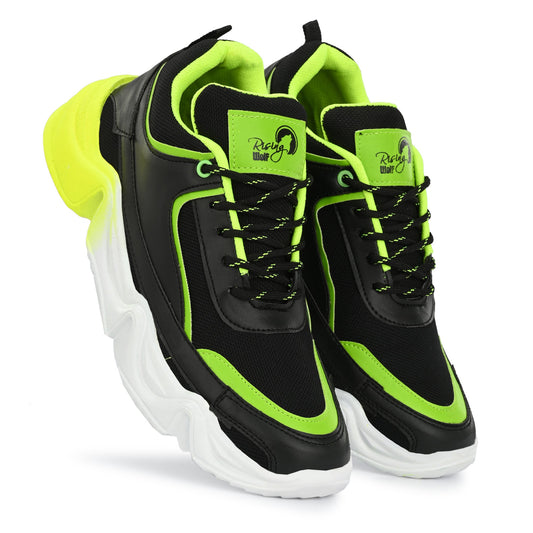 Men's sports shoes in black and neon green with thick white soles, premium quality sports footwear