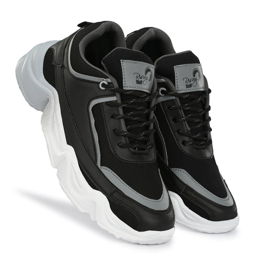 Black and gray comfortable sports shoes for daily wear with padded collar and thick white sole