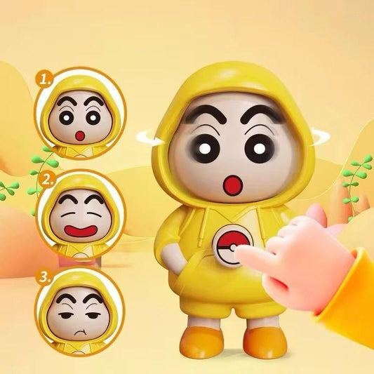 Shinchan face changing keychain with three different facial expressions in yellow hoodie