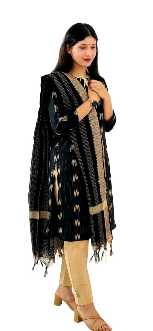 Woman wearing trendy cotton kurti set in black and beige with matching dupatta and beige pants