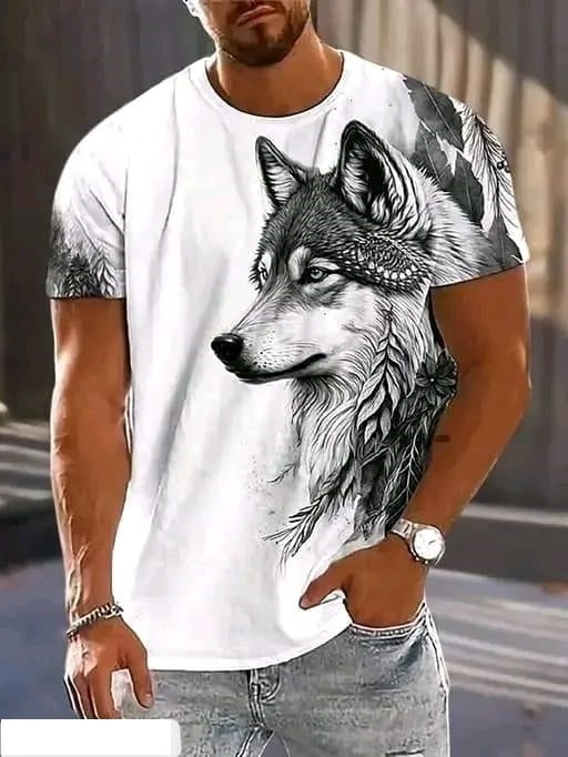 Mens trendy wolf design t-shirt in white featuring a detailed black and gray wolf graphic