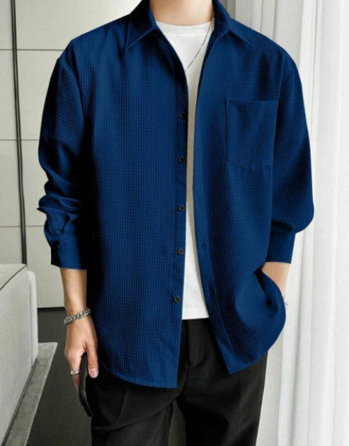 Dropdash TrackPants in black relaxed fit paired with navy textured overshirt and white tee