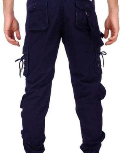men's navy blue cargo pants back view with multiple flap pockets and side drawstrings