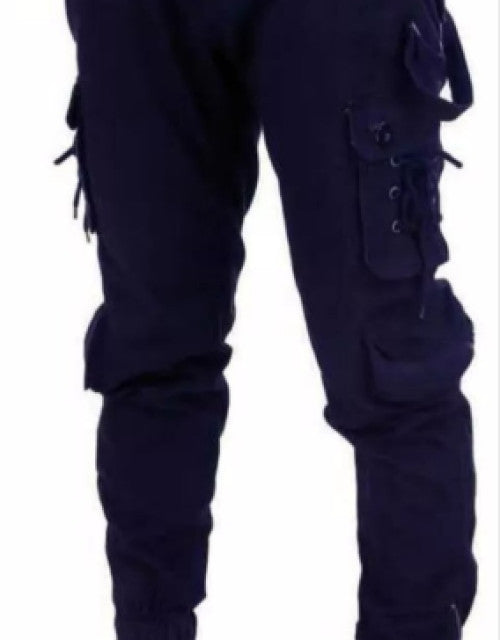 men's navy blue cargo pants tapered jogger fit with elastic cuffs and side utility pockets