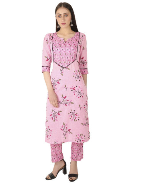 female pink printed kurta pants combo with floral design and three-quarter sleeves