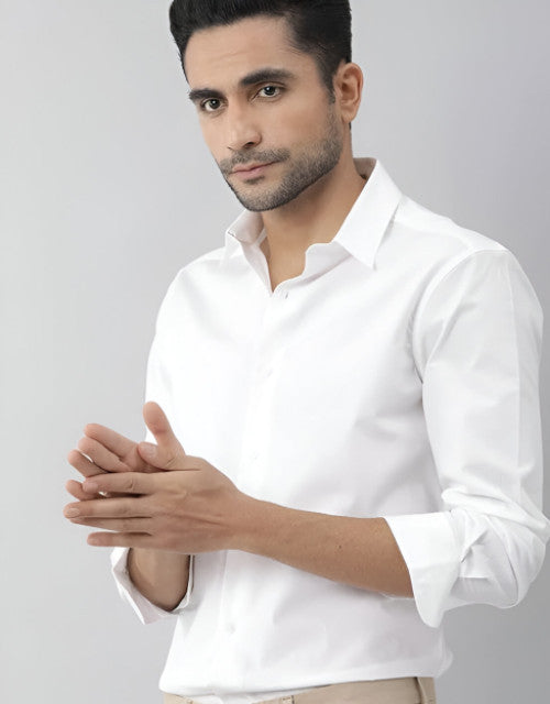 Quick Gadgets white printed shirts for men modeled by a man wearing a crisp white shirt with rolled sleeves