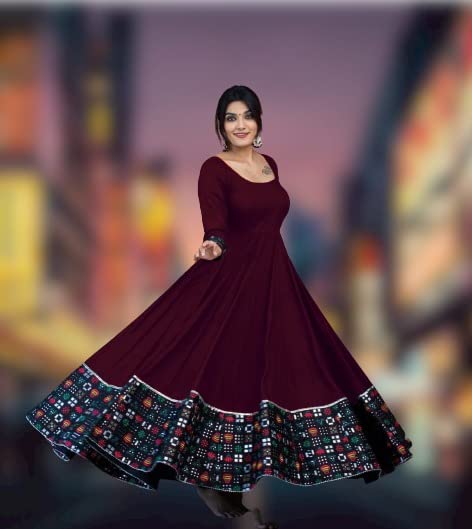 Elegant women's rayon full sleeve gown in deep maroon with multicolor patterned hem detail