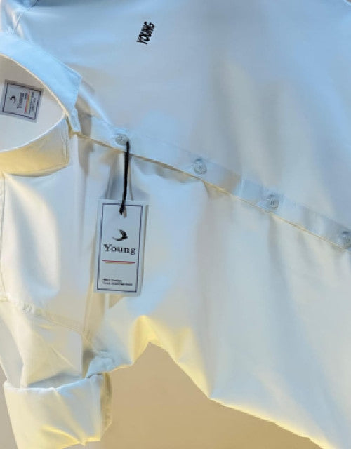 Quick Gadgets men's white button-up shirt with long sleeves and Young logo tag