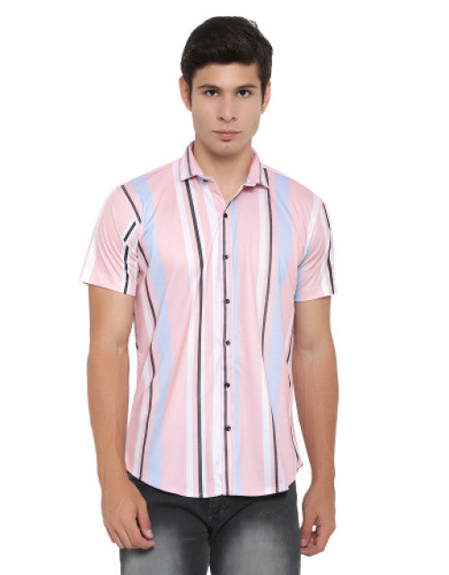 Dropdash model wearing pink blue striped short sleeve shirt with black trackpants men's checkered slim fit casual shirt