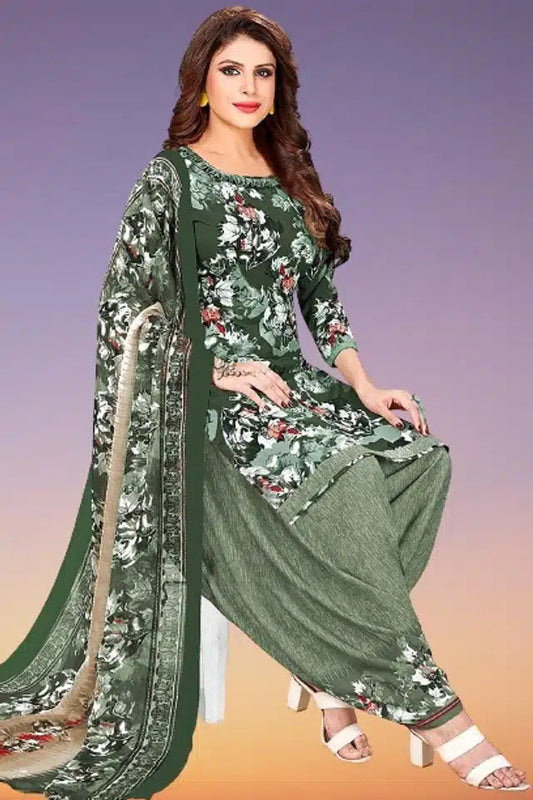 Womens unstitched suit featuring 2 meter crepe dress fabric women in green floral design with matching dupatta
