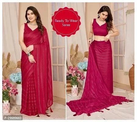 Affordable georgette saree for ladies in deep pink with ready to wear design and matching blouse