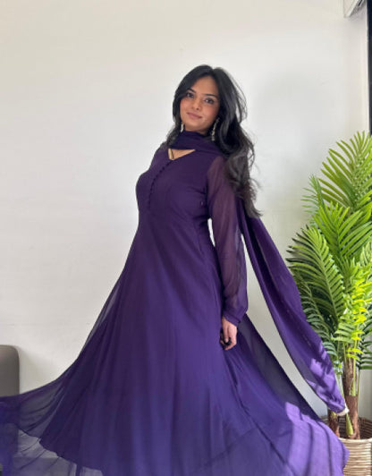 affordable party wear kurti India in purple chiffon with sheer sleeves and flowing dupatta