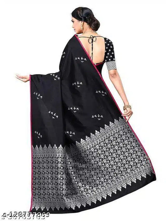 Black and silver affordable party wear saree with intricate border and small motifs for women