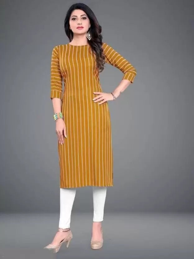 Woman wearing mustard striped kurti paired with white leggings affordable women's kurtis India