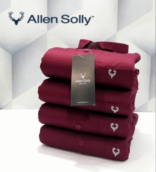 Stack of maroon casual men's shirts with fast delivery by Allen Solly featuring deer logo embroidery