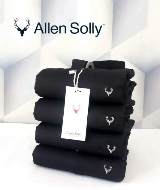 Stack of black Allen Solly premium quality men's shirts with white logo and tag